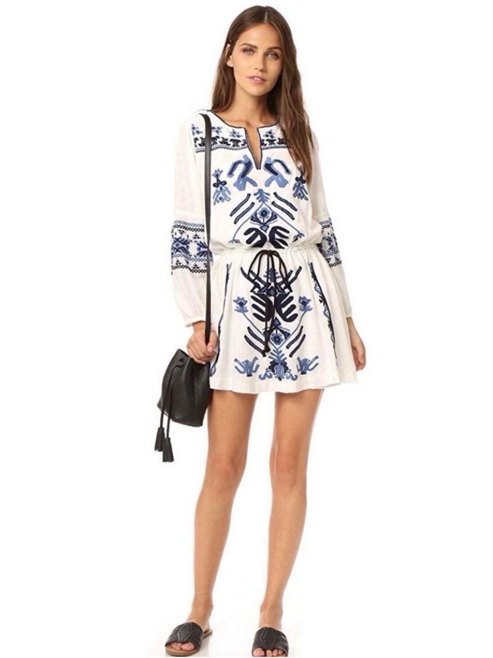 Free People White Mini Dress with Blue Embroidery